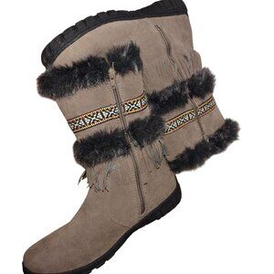 Faux Suede Fur-Lined Winter Boots W/Side Zipper & Decorative Trim-SIZE: 10